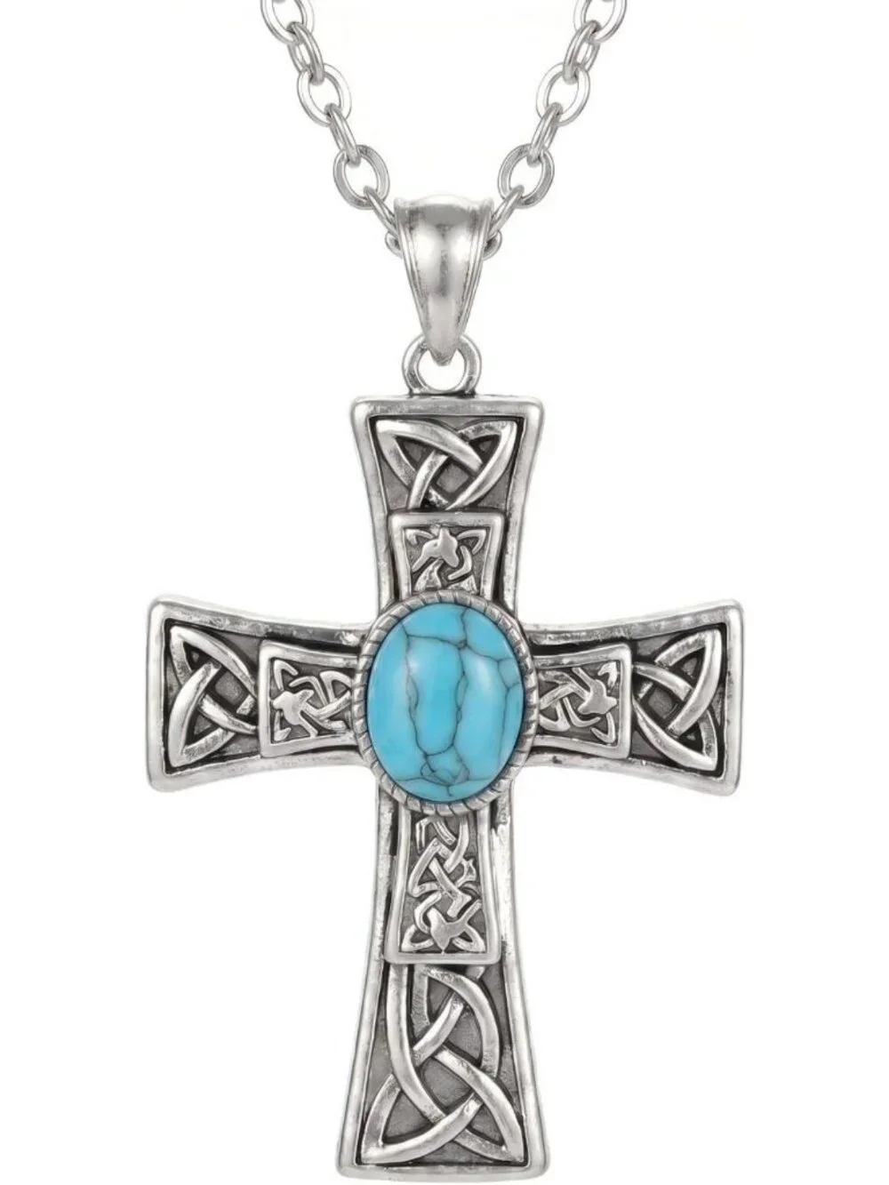 Turquoise Double Cross Pendant Necklace in Sterling Silver for Men & Women